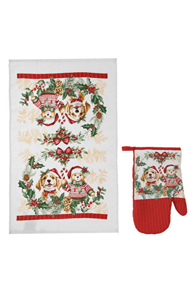Zumzeria Manusa & Kitchen Towel Set Red White with Puppy & Bear Christmas Pat...
