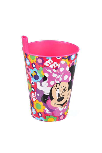 Zumzeria Plastic Cup with Integrated Straw Fuchsia Minnie Mouse & Colorful Fl...