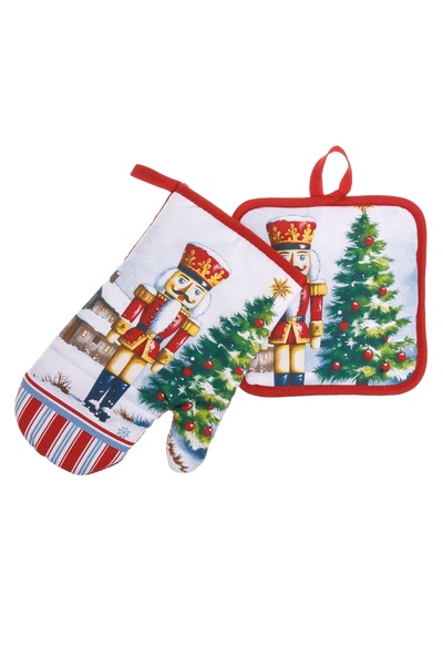 Zumzeria Christmas Oven Mitt & Kitchen Towel Red White Wooden Soldier - 2pcs