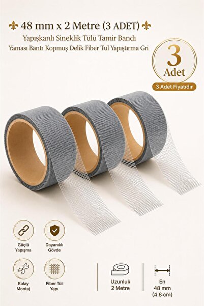 NZB (3 ADET) 48 mm x 2 Metre Yapışkanlı Sineklik Tülü Tamir Bandı Yaması Bant...
