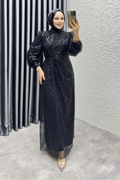 Kalemen Moda Drape İşlemeli Pullu Abiye 8012 Siyah