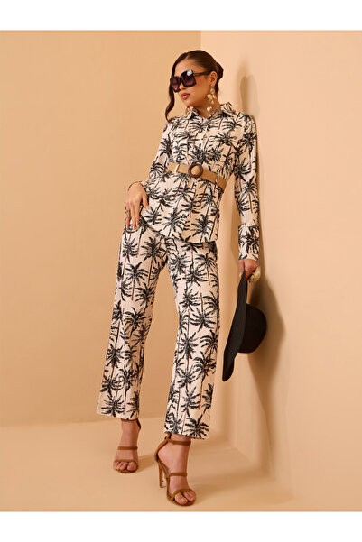 Sassafras By Styli Black Cotton Tropical Belted Shirt and Straight Pants Co-Ords