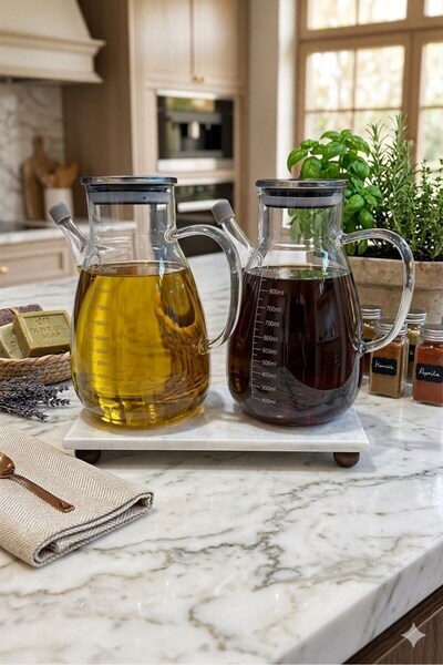Hellomani Set of 2 Borosilicate Glass Oil and Vinegar Pots with Marble Stands...