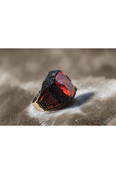 Rubino Silver 925 ayar gümüş erkek yüzük - Garnet Taşlı Erkek Yüzük - Siyah D...