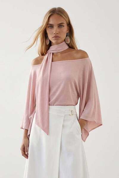 Trend Alaçatı Stili Women's Pink Boat Neck Scarf Detailed Woven Blouse Alc-X1...
