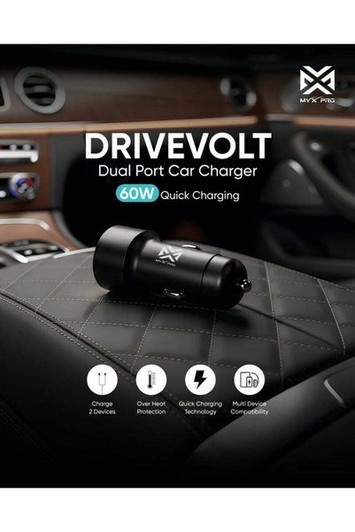 MYX DriveVolt Dual Port Car Charger 60W | Quick Charging Technology | Overheat Protection