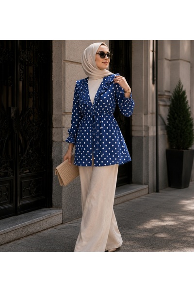 Budan Export Women's Polka Dot Long Sleeve Ruffle Detailed Ribbed Cardigan