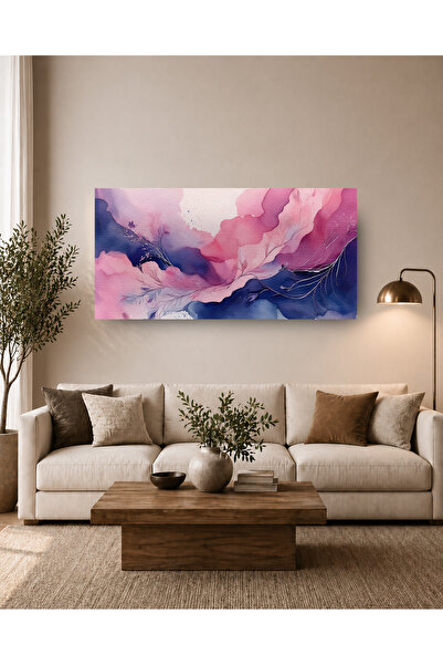 VIRESTO Pembe Ve Mor Suluboya Çiçek Desenli Panoramik Kanvas Tablo