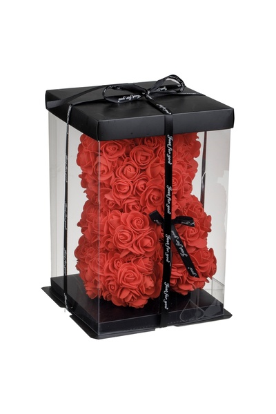 Zumzeria Urs decorativ confecționat din trandafiri roșii mici 23cm