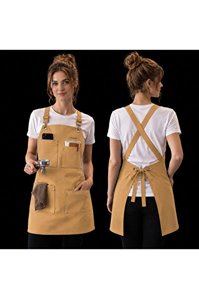 wren texstıl Barista önlüğü çapraz askılar deri detaylı profesyonel apron che...
