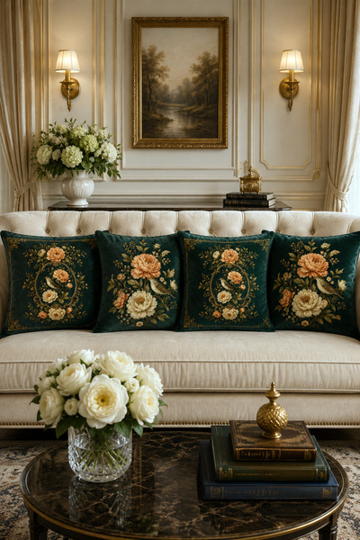 HOMESSA Emerald Green Gold Floral Patterned 4-Piece Throw Pillow Cover Set