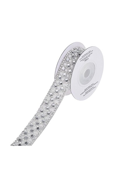 Zumzeria Bandă adezivă argintie cu strasuri și mărgele 1m x 2cm