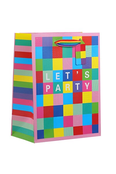 Zumzeria Pink Gift Bag with Square Pattern Foil & Striped Handles "Let's Part...