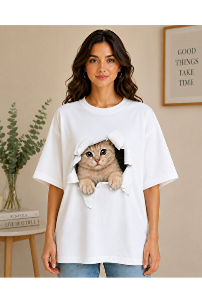ENB1R MODA Kadın Beyaz Oversize Kedi Baskılı Basic Tişört Yırtık Efektli Cute...