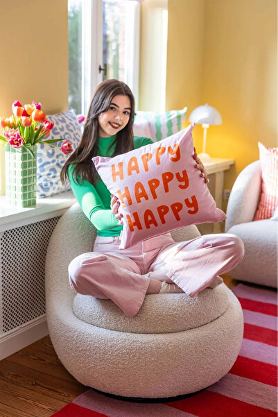 Atlas collection Happy Popular Throw Pillow Cover, Maximalist Modern Sofa Liv...