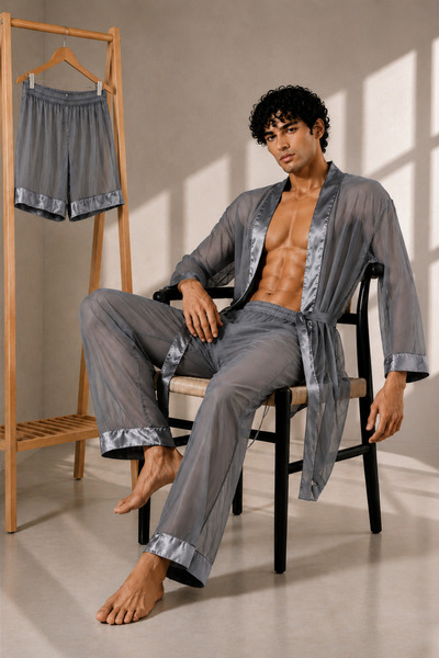 QMEN STYLE Men's Chiffon 3-Piece Kimono - Pajamas - Shorts Set