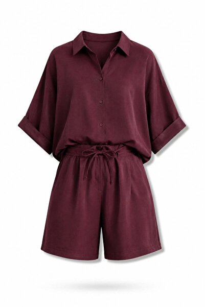 5in1Canpolat Burgundy Shirt Shorts Set