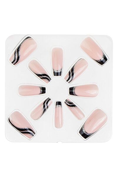 Zumzeria Pink Black French False Nails Set with Silver Glitter Coffin - 12pcs