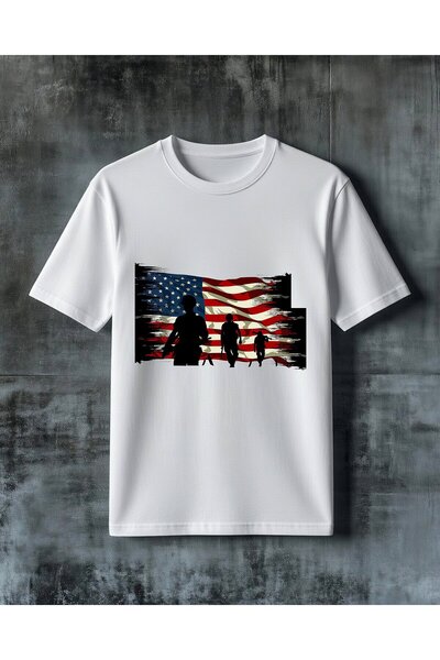 COMVİCHO American Flag Soldier Silhouette Printed Oversize T-Shirt