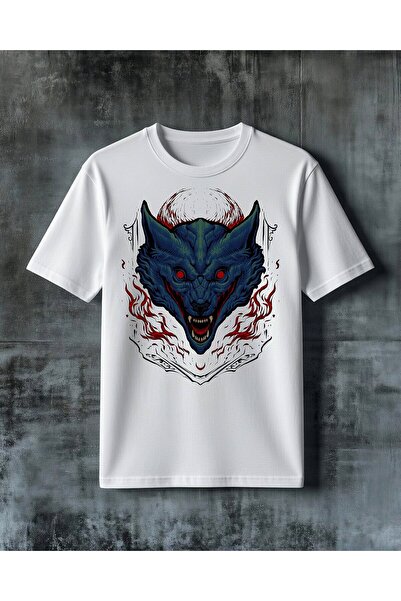 COMVİCHO Devil Head Blue Fire Printed Oversize T-Shirt