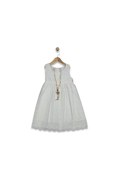 ESKİŞEHİR YUMURCAK White Girls' Sleeveless Laced Dress with Necklace