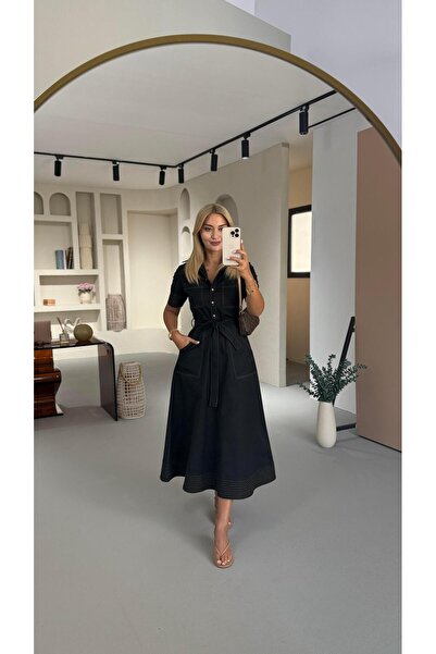 Sezgi Tekin Sewn Detail Half Sleeve Black Bell Denim Dress