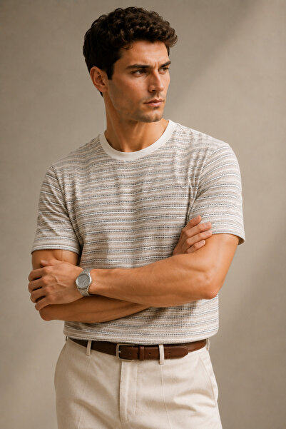 Polo State Men's Ecru Striped Textured Fabric Crew Neck T-Shirt