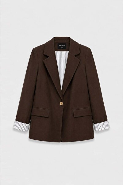 BARRELS AND OIL Women's Striped Buttoned Blazer Jacket - Bitter Brown