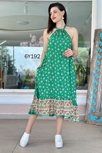 İnce Topuk Halter Neck Viscose Dress 6Y192