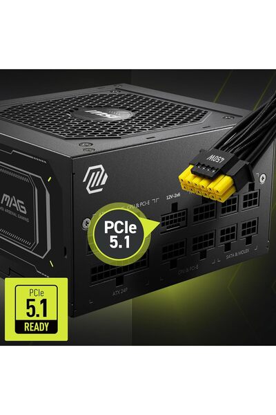 MSI وحدة إمداد طاقة MAG A750GL PCIE5، 750 واط، 80 بلس جولد، معيارية بالكامل، ATX 3.0، تدعم PCIe 5.0 GPU، كابلات مسطحة سوداء، ضمان 7 سنوات