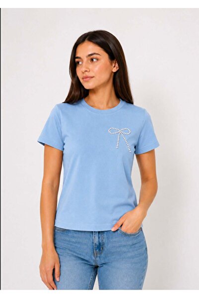 Raneel Kazançlı Alışveriş Women's ribbed crew neck cropped top - blue
