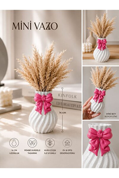 Mystoray Mini Vazo Dekoratif Pembe Kurdele Tasarımlı Şık Masa ve Ev Dekoru 14 CM