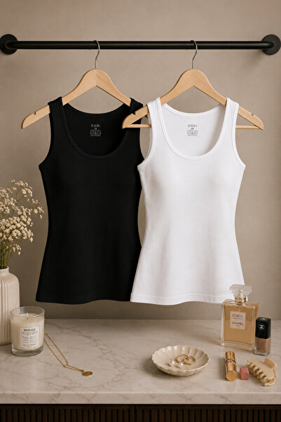 Dagi Women's Black and White Thick Strap Cotton Undershirt 2-Pack