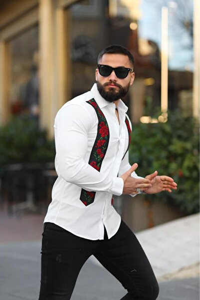 BAYIM Erkek Slim-Fit Dikey Gül Nakış İşlemeli Premium Lüks Gömlek