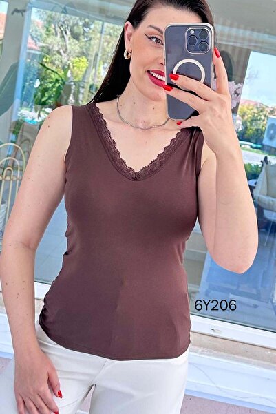 İnce Topuk Front and Back V Lace Viscose Undershirt 6Y206