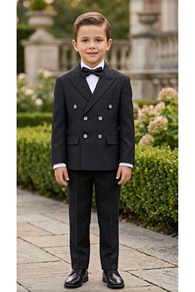 RAGAZZO Kruvaze Cut-Out Checked Fabric Shirt with Bow Tie Children's Suit