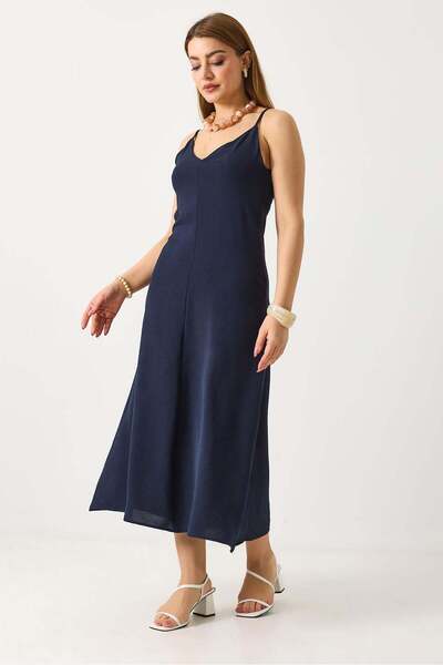 Raneel Kazançlı Alışveriş Women's Strappy Ayrobin Midi V-Neck Dress Navy Blue
