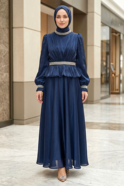 Women's Waist Flywheel and Stone Detailed Satin Evening Dress - Navy