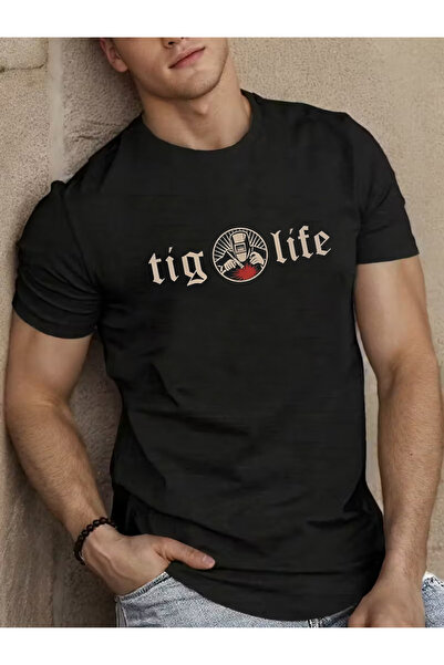 yiou trendy clothing تي شيرت رجالي كاجوال أسود بطباعة فريدة بنمط اللحام.