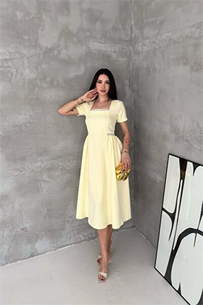 Dipmoda Women's Yellow Square-Neck Stone-Detailed Skirt Draped Midi Dress ---...