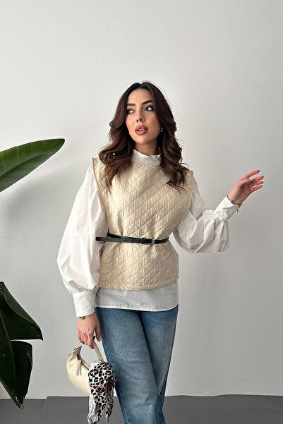 ozelia Beige Belted Shirt and Poncho Set
