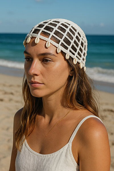 satürn hobi örgü tasarım Knitted Bohemian Seashell Detailed Mesh Hat & Hair C...