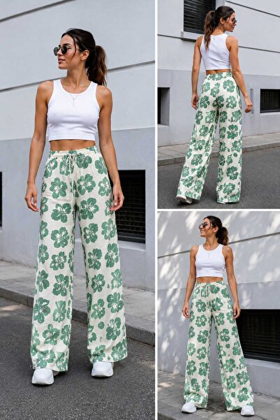 ECK MODA Women's New Season Elastic Waist Loose Fit Linen Trousers