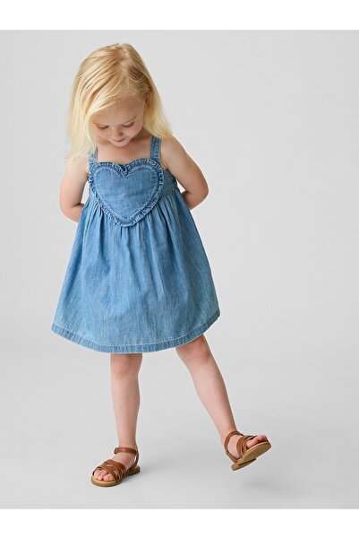 GAP Kız Bebek Mavi Denim Kalp Askılı Elbise
