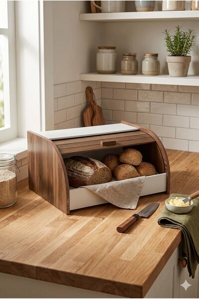 Hellomani Modern Bread Box with Luxurious Wooden Lid - White Minimalist Design