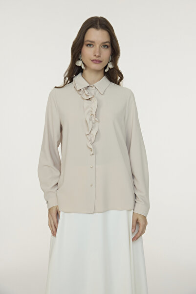 Zühre Elegant Beige Shirt with Ruffled Floral Detail 0139