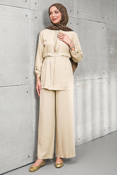 İmajButik Beige Elastic Waist Zippered Jacket and Trousers Set