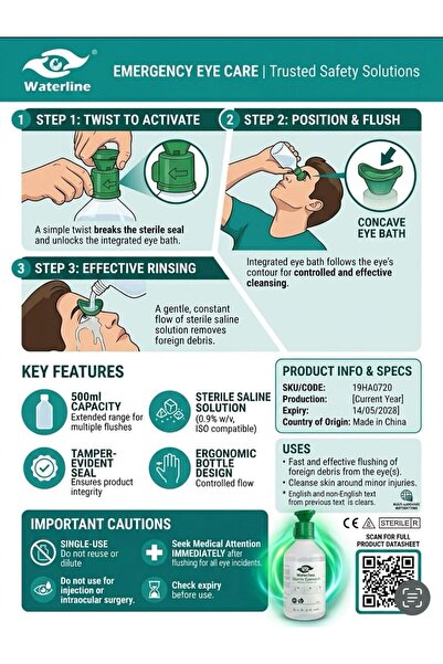Waterline Yashi Group Sterile Eyewash Solution 500ml with Integrated Ergonomi...