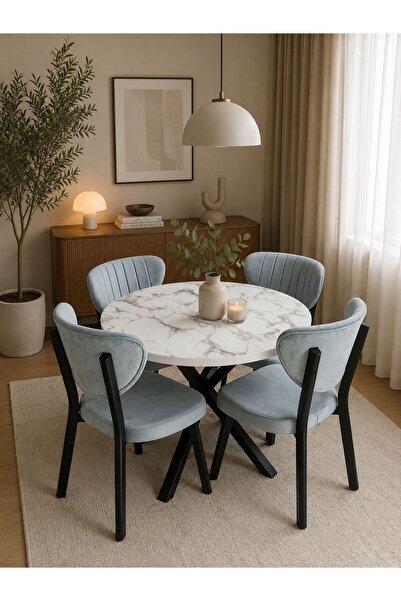 Modern Style Home Modern Yuvarlak Mermer Desenli Yemek Masası Takımı 4 Sandal...