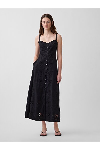 GAP Kadın Siyah Keten Karışımlı İşlemeli Button-Front Askılı Maxi Elbise
